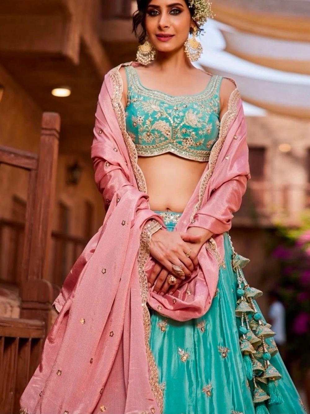 Embellished Teal Lehenga with Pink Dupatta